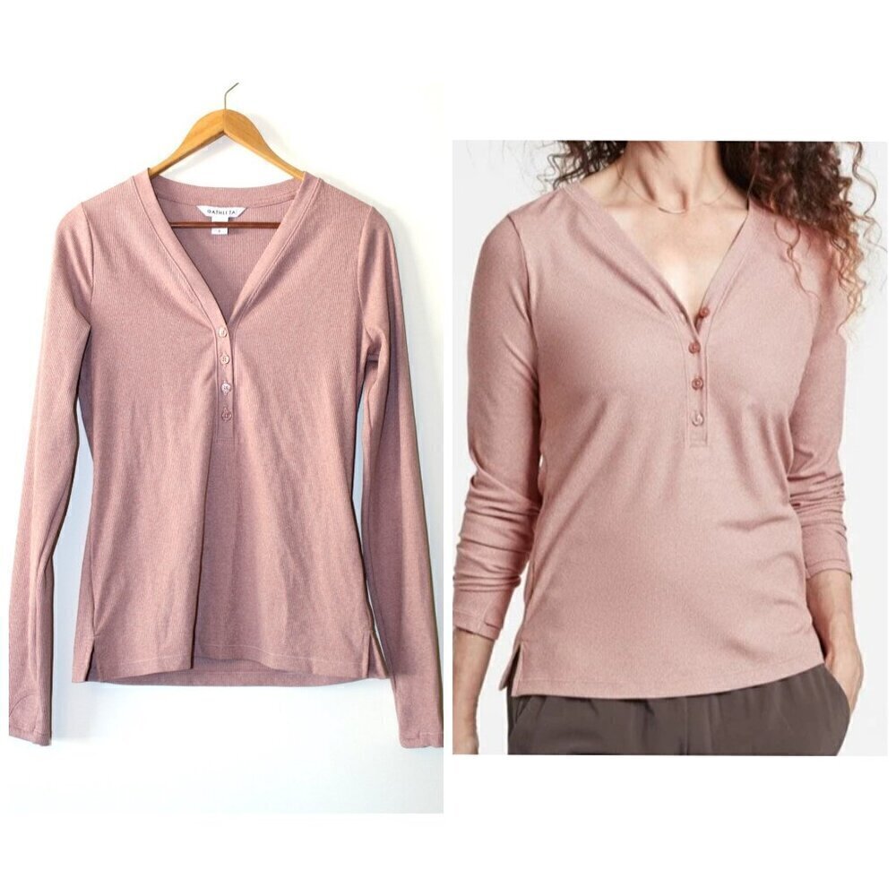 Athleta Uptempo Ribbed Henley Women's Top Palermo Pink Size SP Long Sleeves